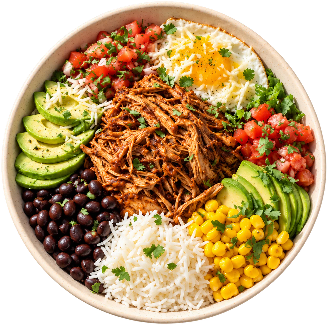Bol de pollo desmenuzado con aguacate, arroz, frijoles, maíz, tomate y huevo