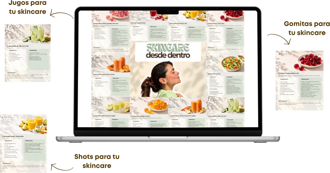 Contenido del bono Skincare desde dentro en un portátil y tres páginas: jugos, gomitas y shots para tu skincare