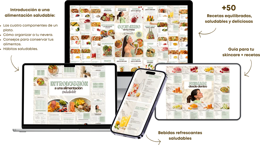 Contenido de Equilibrio en tu mesa en computador, portátil, celular y tableta: introducción a una alimentación saludable, +50 recetas, guía de skincare y bebidas refrescantes