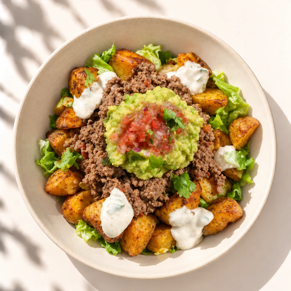 Bol de papas, ternera y guacamole