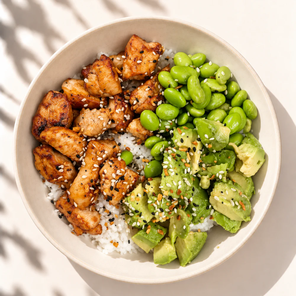 Cuenco de pollo, arroz, edamame y aguacate