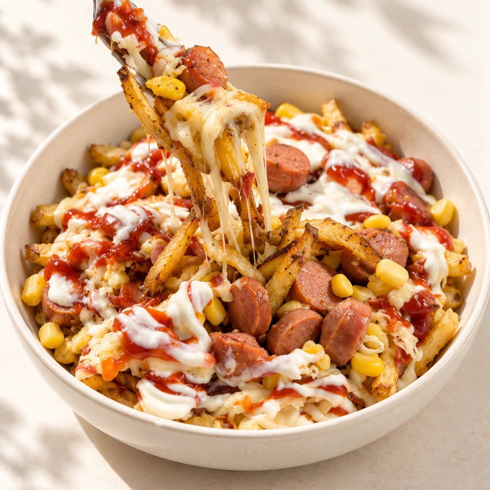 Salchipapas colombianas con queso fundido